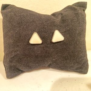 Cute triangle stud earrings (pale cream colored) with silver accents